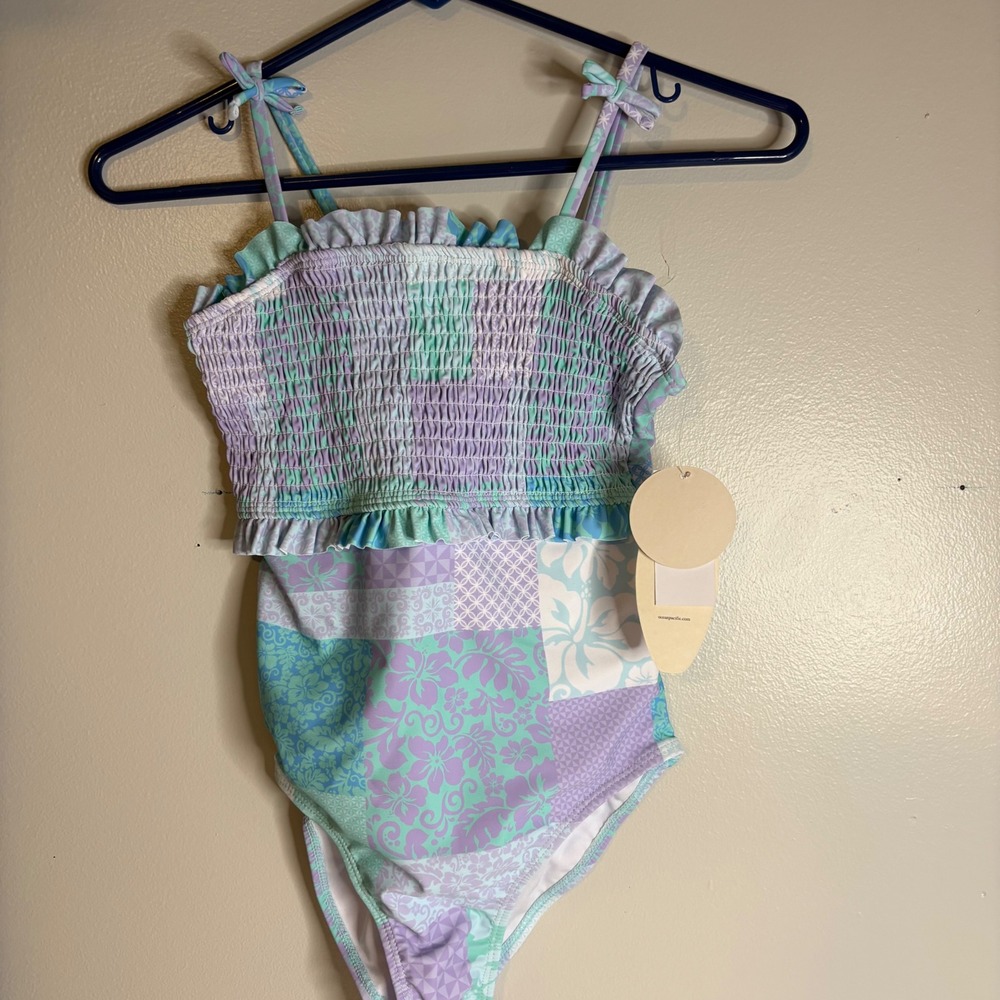 Ocean Pacific Girls 10 Aqua Purple Patchwork Smocked One Piece Swimsuit Skirt Se